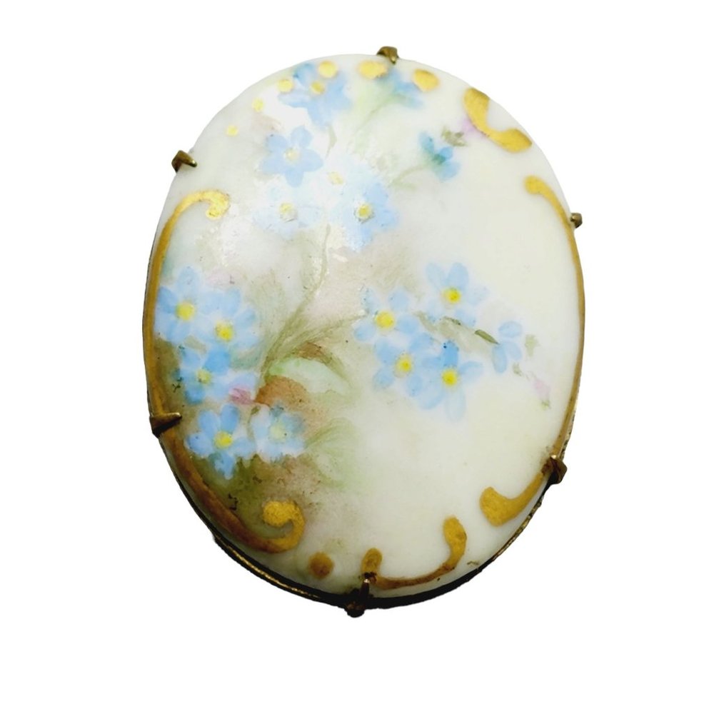 Antique Porcelain Over Brass Forget Me Not Brooch (A1373)